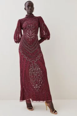 Cheap 🎁 Karen Millen Embellished Balloon Sleeve Maxi 👗 Dress - merlot 🔔 -Occasionwear Popular Store womens merlot embellished balloon sleeve maxi dress