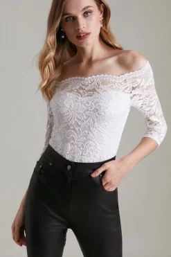 New 🧨 Karen Millen Lace Bardot Half Sleeve Jersey Bodysuit 💯 -Occasionwear Popular Store womens merlot lace bardot half sleeve jersey bodysuit 1