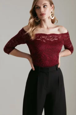 New 🧨 Karen Millen Lace Bardot Half Sleeve Jersey Bodysuit 💯 -Occasionwear Popular Store womens merlot lace bardot half sleeve jersey bodysuit 2
