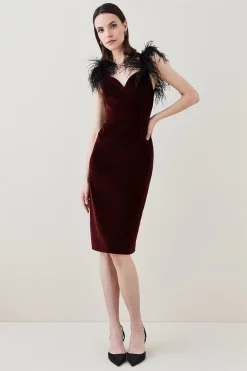 Discount 🎉 Karen Millen Velvet Feather Strap Midi 👗 Dress 😀 -Occasionwear Popular Store womens merlot velvet feather strap midi dress 1