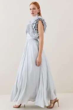 Brand new 🔥 Karen Millen Lydia Millen Tall Metallic Feather Ruffle Woven Maxi 👗 Dress - metallic silver 🎉 -Occasionwear Popular Store womens metallic20silver lydia millen tall metallic feather ruffle woven maxi dress