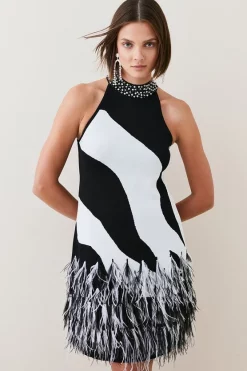 Best reviews of 😍 Karen Millen Feather Hem Mono Print Knit Mini 👗 Dress 🔔 -Occasionwear Popular Store womens mono feather hem mono print knit mini dress