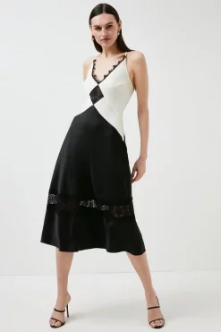 Coupon ⭐ Karen Millen 🔨 Hammered Satin & Lace Woven Slip 👗 Dress - mono ⭐ -Occasionwear Popular Store womens mono hammered satin lace woven slip dress