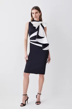 Deals 🎉 Karen Millen Italian Structured Satin Bow Pencil Midi 👗 Dress - mono 💯 -Occasionwear Popular Store womens mono italian structured satin bow pencil midi dress