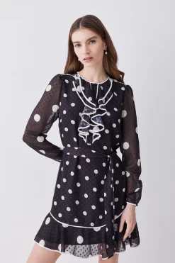 Discount 😍 Karen Millen Mono Mixed Dot Piped Ruffle Belted Mini 👗 Dress ❤️ -Occasionwear Popular Store womens mono mono mixed dot piped ruffle belted mini dress