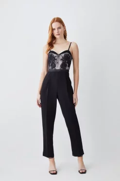Discount 😉 Karen Millen Petite Lace Embroidered Woven Jumpsuit - mono 🔔 -Occasionwear Popular Store womens mono petite lace embroidered woven jumpsuit