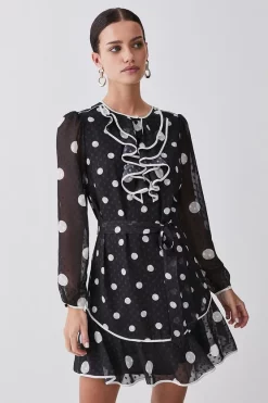 Top 10 🎁 Karen Millen Petite Mono Mixed Dot Piped Ruffle Belted Mini 👗 Dress 🔔 -Occasionwear Popular Store womens mono petite mono mixed dot piped ruffle belted mini dress