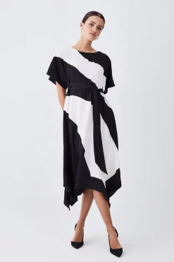 Discount ⭐ Karen Millen Petite Soft Tailored Colour Block Tie Waist Midi 👗 Dress - mono 👍 -Occasionwear Popular Store womens mono petite soft tailored colour block tie waist midi dress