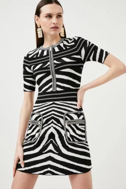 Outlet ⌛ Karen Millen Textured Ottoman Zebra Jacquard Knit 👗 Dress - mono 🎉 -Occasionwear Popular Store womens mono textured ottoman zebra jacquard knit dress