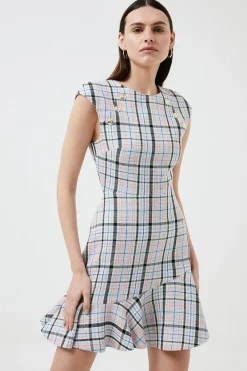 New 😉 Karen Millen Cotton Blend Check Tweed Flippy Hem Mini 👗 Dress - multi 💯 -Occasionwear Popular Store womens multi cotton blend check tweed flippy hem mini dress