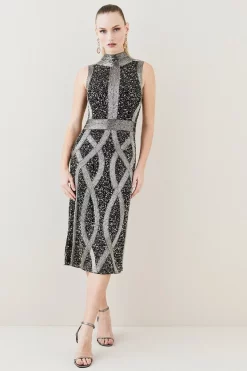 Buy ⌛ Karen Millen Embellished Beaded High Neck Woven Midi 👗 Dress - multi 🔔 -Occasionwear Popular Store womens multi embellished beaded high neck woven midi dress