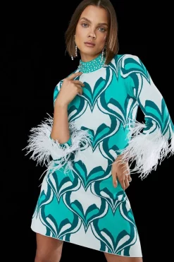 Best Pirce 👏 Karen Millen Feather Hem Abstract Print Knit Mini 👗 Dress - multi 🥰 -Occasionwear Popular Store womens multi feather hem abstract print knit mini dress
