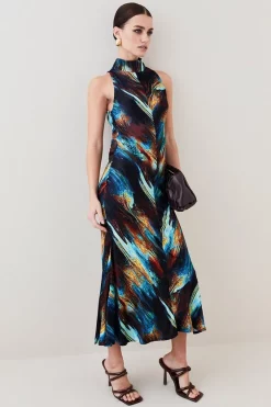 Wholesale ❤️ Karen Millen Petite Marble Viscose Satin High Neck Maxi 👗 Dress - multi 🛒 -Occasionwear Popular Store womens multi petite marble viscose satin high neck maxi dress