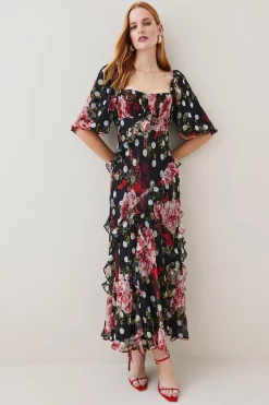 Cheapest 🎁 Karen Millen Petite Spot Floral Chiffon Square Neck Ruffle Maxi 👗 Dress - multi 👏 -Occasionwear Popular Store womens multi petite spot floral chiffon square neck ruffle maxi dress