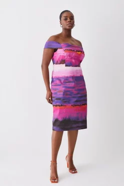 Best deal 👍 Karen Millen Plus Size Italian Signature Stretch Painternly Bardot Midi 👗 Dress - multi 🎉 -Occasionwear Popular Store womens multi plus size italian signature stretch painternly bardot midi dress