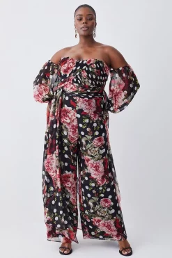 Wholesale ✔️ Karen Millen Plus Size Spot Floral Chiffon Bardot Wide Leg Jumpsuit - multi 🎉 -Occasionwear Popular Store womens multi plus size spot floral chiffon bardot wide leg jumpsuit