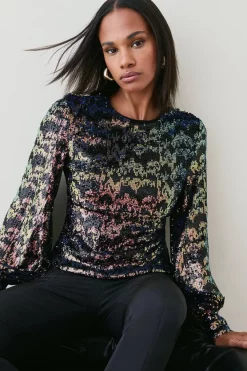 Top 10 👍 Karen Millen Premium Sequin Crepe Long Sleeve Top - multi 😀 -Occasionwear Popular Store womens multi premium sequin crepe long sleeve top