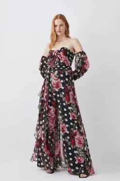 Discount ⌛ Karen Millen Spot Floral Chiffon Bardot Wide Leg Jumpsuit - multi ⌛ -Occasionwear Popular Store womens multi spot floral chiffon bardot wide leg jumpsuit