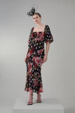 Promo 😀 Karen Millen Spot Floral Chiffon Square Neck Ruffle Maxi 👗 Dress - multi 🤩 -Occasionwear Popular Store womens multi spot floral chiffon square neck ruffle maxi dress