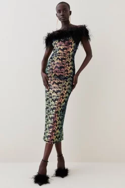 Hot Sale ⌛ Karen Millen Tall Sequin Bardot Feather Trim Midaxi 👗 Dress - multi 👍 -Occasionwear Popular Store womens multi tall sequin bardot feather trim midaxi dress