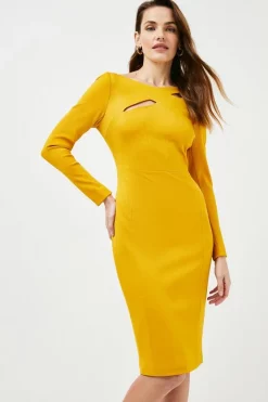 Best Sale 🤩 Karen Millen Italian Structured Rib Cross Over Pencil Midi 👗 Dress ⭐ -Occasionwear Popular Store womens mustard italian structured rib cross over pencil midi dress