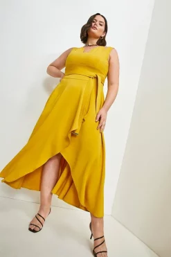 Outlet 🧨 Karen Millen Plus Size Compact Stretch Viscose Waterfall Maxi 👗 Dress ❤️ -Occasionwear Popular Store womens mustard plus size compact stretch viscose waterfall maxi dress