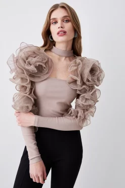 Budget 🔔 Karen Millen Tulle Detail Ponte Bodysuit - natural 😉 -Occasionwear Popular Store womens natural tulle detail ponte bodysuit