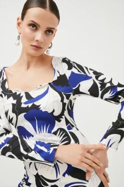 New ✔️ Karen Millen Abstract Floral Printed Long Sleeve Mini 👗 Dress - navy ✨ -Occasionwear Popular Store womens navy abstract floral printed long sleeve mini dress