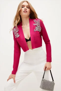 Hot Sale 💯 Karen Millen Embellished Bandage Knit Crop Cardigan 🎁 -Occasionwear Popular Store womens navy embellished bandage knit crop cardigan