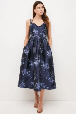 Cheap ✔️ Karen Millen Floral Jacquard Strappy Woven Midi Prom 👗 Dress - navy ✔️ -Occasionwear Popular Store womens navy floral jacquard strappy woven midi prom dress