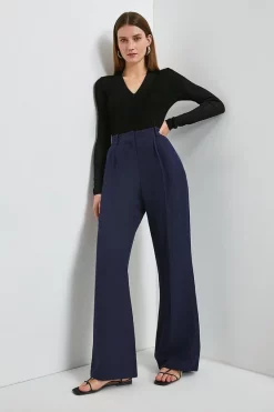 Discount ✔️ Karen Millen Linen Blend High Waist Wide Leg Trouser 👏 -Occasionwear Popular Store womens navy linen blend high waist wide leg trouser