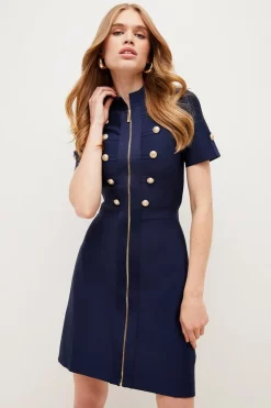 Best Sale 🥰 Karen Millen Military Trim A-line Bandage Knit Mini 👗 Dress ❤️ -Occasionwear Popular Store womens navy military trim a line bandage knit mini dress