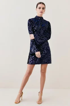 Budget 🥰 Karen Millen Petite Velvet Sequinned Woven Mini 👗 Dress - navy ⌛ -Occasionwear Popular Store womens navy petite velvet sequinned woven mini dress