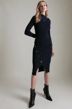 Buy 💯 Karen Millen Rib Envelope Neck 👗 Dress 🔥 -Occasionwear Popular Store womens navy rib envelope neck dress