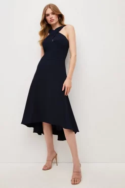 Discount 🛒 Karen Millen Soft Tailored Cross Over Neck High Low Midi 👗 Dress 🥰 -Occasionwear Popular Store womens navy soft tailored cross over neck high low midi dress 1