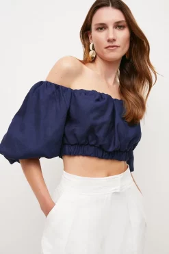 Cheap 🔥 Karen Millen Tailored Linen Blend Bardot Volume Sleeve Crop Top 🌟 -Occasionwear Popular Store womens navy tailored linen blend bardot volume sleeve crop top