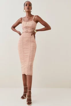 Hot Sale 🤩 Karen Millen Corset Detail Ruched Mesh Jersey Midi 👗 Skirt 🌟 -Occasionwear Popular Store womens nude corset detail ruched mesh jersey midi skirt 1