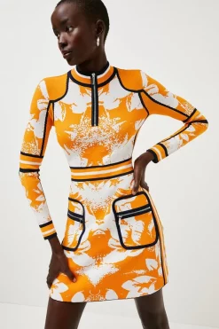 Best Sale 😉 Karen Millen Abstract Floral Jacquard Knit 👗 Dress 🔥 -Occasionwear Popular Store womens orange abstract floral jacquard knit dress