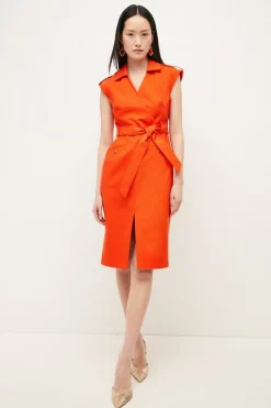 Cheap 🛒 Karen Millen Compact Cotton Military Belted Pencil Midi 👗 Dress 🎉 -Occasionwear Popular Store womens orange compact cotton military belted pencil midi dress