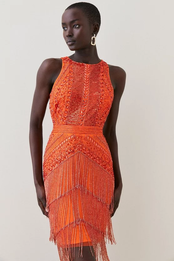 Budget ๐ Karen Millen Embellished Halter Fringed Mini ๐ Dress - orange ๐ 9 Budget ๐ Karen Millen Embellished Halter Fringed Mini ๐ Dress - orange ๐ - Image 7
