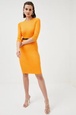 Best Pirce 👏 Karen Millen Rib Knit Pencil 👗 Dress 👏 -Occasionwear Popular Store womens orange rib knit pencil dress