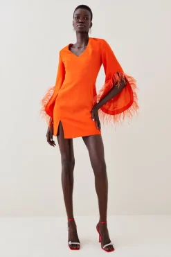 Flash Sale 🤩 Karen Millen Soft Tailored Full Sleeve Feather Mini 👗 Dress 😉 -Occasionwear Popular Store womens orange soft tailored full sleeve feather mini dress 1 1