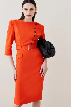 Best reviews of 🧨 Karen Millen Structured Crepe Strong Shoulder Midi 👗 Dress 🧨 -Occasionwear Popular Store womens orange structured crepe strong shoulder midi dress 1 1