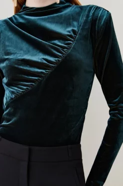 Outlet 😀 Karen Millen Velvet Cut Out High Neck Jersey Top - petrol ✔️ -Occasionwear Popular Store womens petrol velvet cut out high neck jersey top