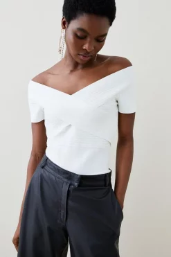 Hot Sale 😉 Karen Millen Bandage Bardot Top Made With Recycled Yarn ❤️ -Occasionwear Popular Store womens pink bandage bardot top made with recycled yarn