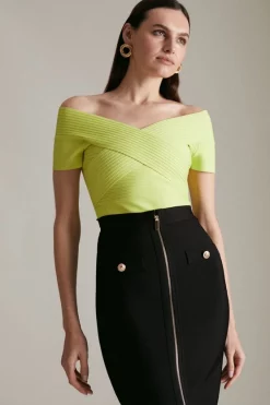 Hot Sale 😉 Karen Millen Bandage Bardot Top Made With Recycled Yarn ❤️ -Occasionwear Popular Store womens pink bandage bardot top made with recycled yarn 3