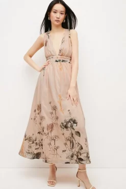 Coupon 🛒 Karen Millen Blush Botanical Border Print Silk Cotton Maxi 👗 Dress - pink 😉 -Occasionwear Popular Store womens pink blush botanical border print silk cotton maxi dress