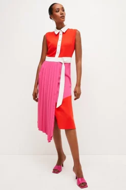 Hot Sale 🔔 Karen Millen Colourblock Soft Pleat 👕 Shirt Midi 👗 Dress 🧨 -Occasionwear Popular Store womens pink colourblock soft pleat shirt midi dress