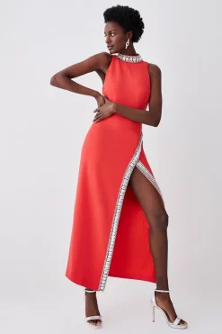 Promo 🌟 Karen Millen Crystal Embellished Woven Thigh Split Maxi 🔔 -Occasionwear Popular Store womens pink crystal embellished woven thigh split maxi