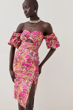 Brand new ❤️ Karen Millen Italian Signature Stretch Chain Bardot Pencil Midi 👗 Dress - pink ⭐ -Occasionwear Popular Store womens pink italian signature stretch chain bardot pencil midi dress